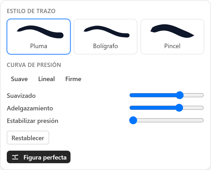 El panel de estilo del trazo con los presets pluma, bolígrafo y pincel, y los controles de presión y suavizado.